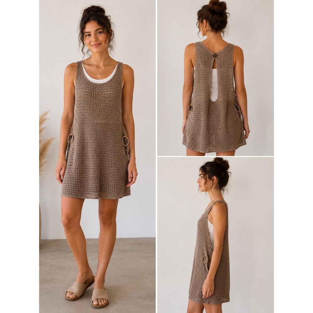 Tan Crochet Knit O-Ring Side Mini Dress Swim Cover Up Large Brown Sleeveless